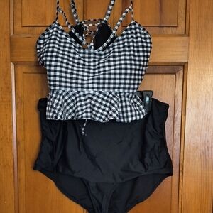 Black & White Gingham Peplum Tankini Set